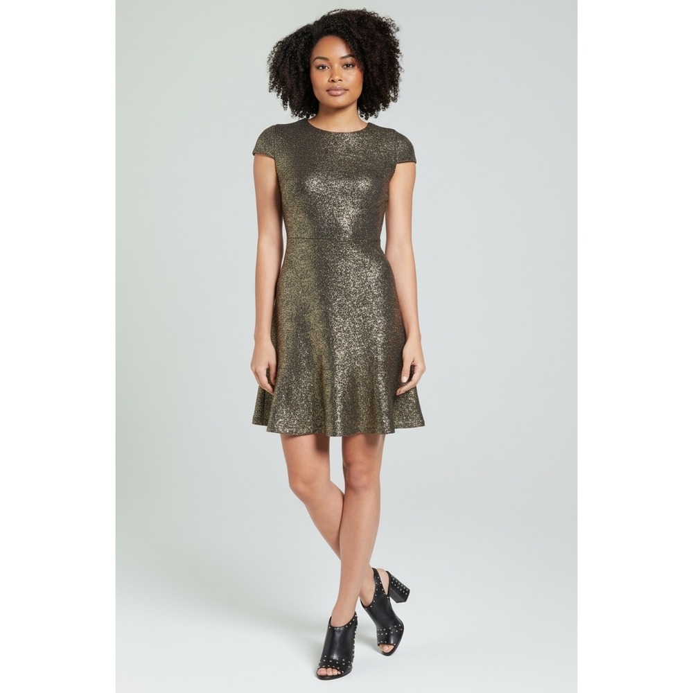 Michael Michael Kors Black Gold Metallic Fit and Flare Dress 2X NWT